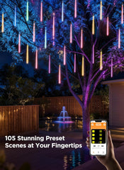 Smart Meteor Shower Lights Outdoor, 16Tube 256LED 24.6ft Color Changing Icicle , APP Controlled RGB Customize Display DIY