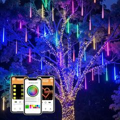 Smart Meteor Shower Lights Outdoor, 16Tube 256LED 24.6ft Color Changing Icicle , APP Controlled RGB Customize Display DIY