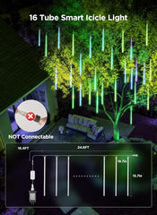 Smart Meteor Shower Lights Outdoor, 16Tube 256LED 24.6ft Color Changing Icicle , APP Controlled RGB Customize Display DIY